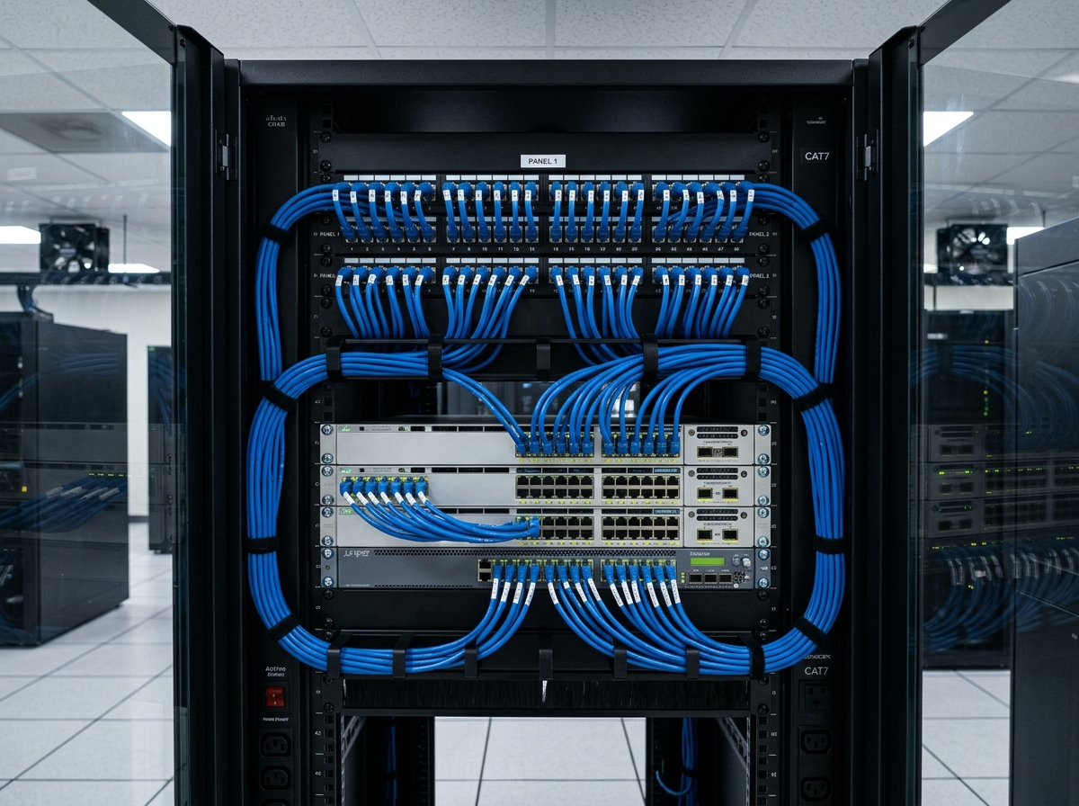 Netzwerktechnik CAT7 Schrank und WLAN Verkabelung